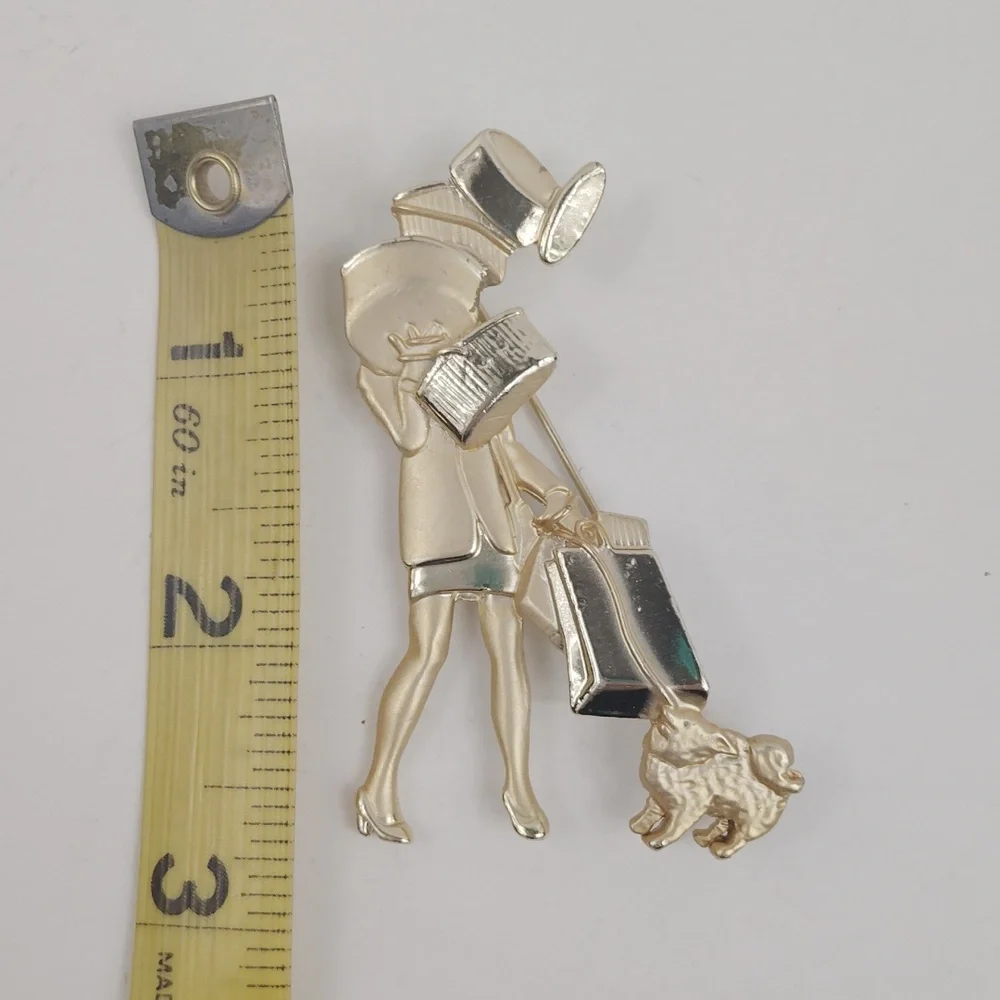 Vintage AJC Woman With Shopping Bags And Dog Brooch Pin